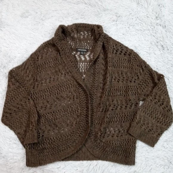 Vintage Notations‎ Womens Sweater Cardigan Brown L Open Front Short Crotchet - Picture 1 of 8